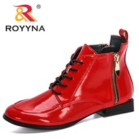 royyna new designers patent leather high top shoes woman autumn zipper boots female lace up shoes feminimo flat botas mujer