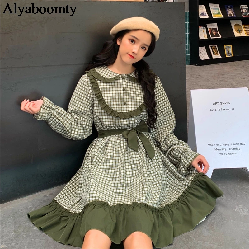 Женское клетчатое платье в японском стиле Лолиты милое с круглым воротником