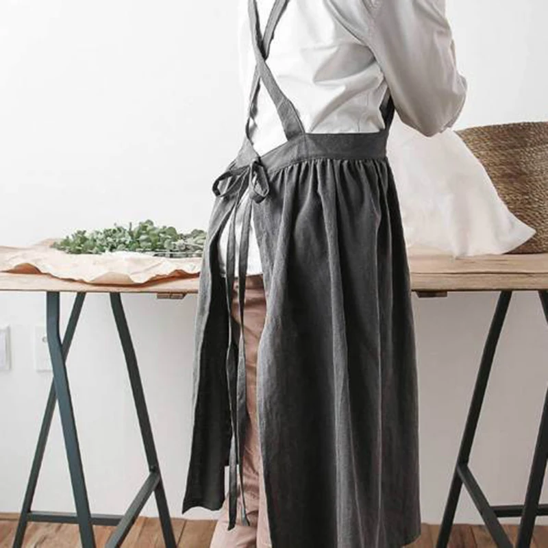 

1x Women Bib Apron Cotton Linen Pinafore Dress Cafe Kitchen Cooking Florist New