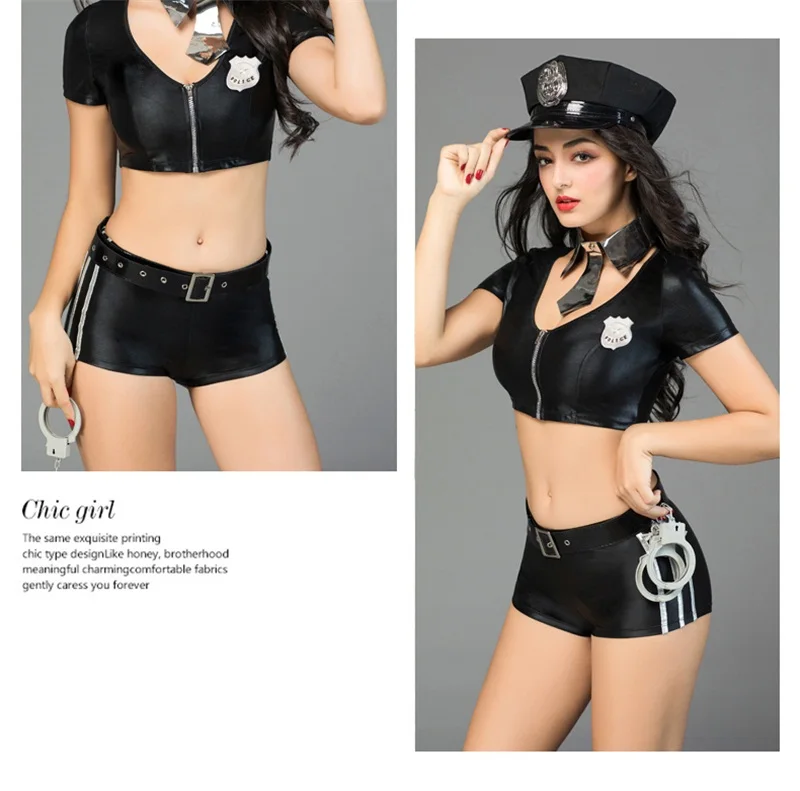 

Black Latex For Role-playing Games Erotic Sexy Female Cop Officer Policewomen Outfit Zipper Satin Police Women Cosplay Costumes