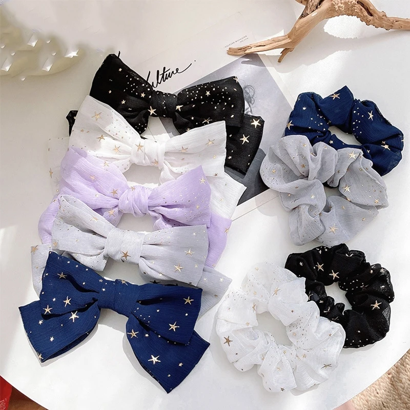 

Gold Star Chiffon Hair Scrunchies Large Bow Knot Barrette Clips Women Girls Cute Ponytail Holder Elastic Hair Bands Accessories