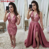 sexy v neck long pink prom dresses elegant sleeveless appliques satin detachable vestidos de fiesta formal party evening gowns