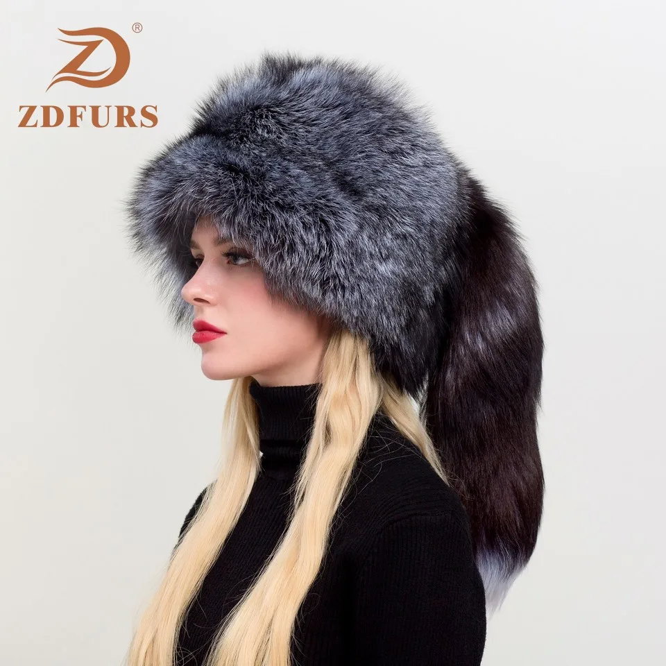 ZDFURS* Женская русская ушанка Авиатор Охотник лисий мех бомберы шапка натуральный Лисий мех шапки купол монгольская шапка