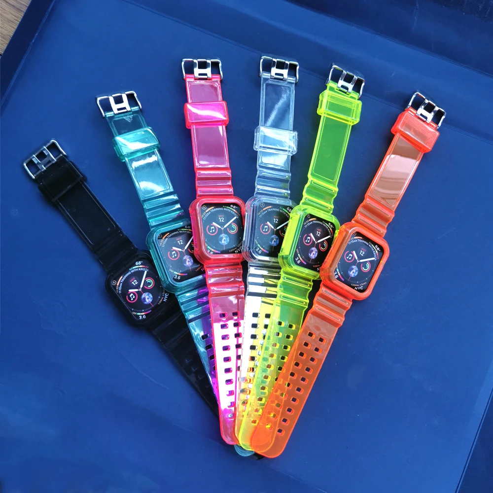 

Case+Strap for Apple Watch Band 42mm 38mm Accessories Soft Silicone Transparent Bracelet band iWatch series 5 4 3 6 se 44mm 40mm