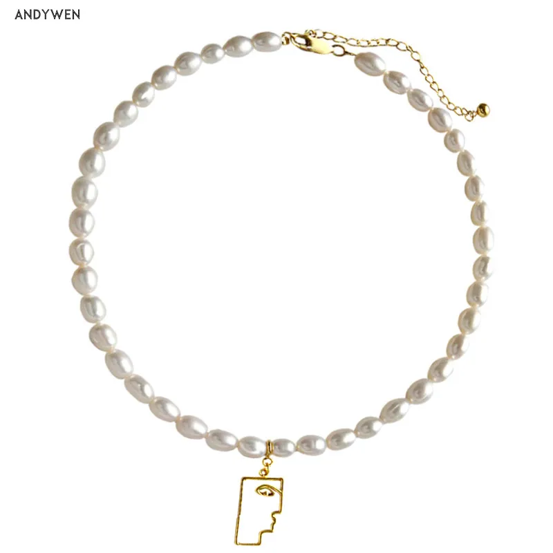 

ANDYWEN 925 Sterling Silver Gold Geometric Face Pendant Chocker Irregular Pearl Choker Chain Luxury Women Fine Jewelry