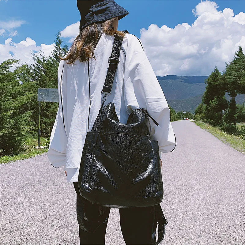 

Женский кожаный школьный рюкзак для девочек, повседневный вместительный многофункциональный винтажный черный рюкзак на плечо, 2020