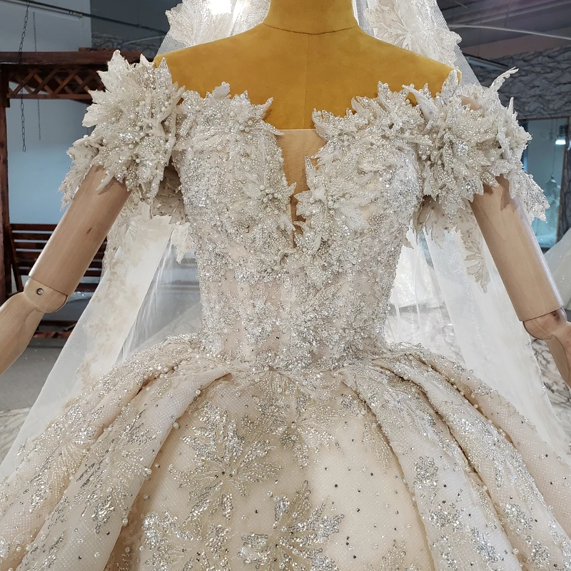 HTL2175 Champagne Bridal Wedding Dress Flower Diamond Lace Bead Shiny V-neck Backless Luxury Wedding Dress Robe De Mariée 2021