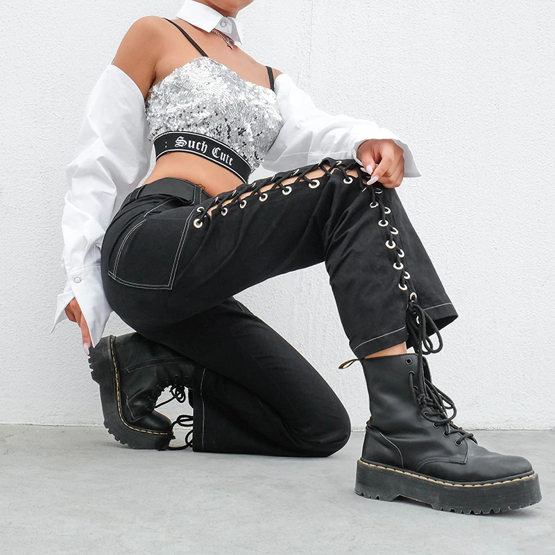 

Punk Side Cross Lace-up Straight Pant Black Women 2021 Cargo High Waist Pants Long Trousers Capris Pocket