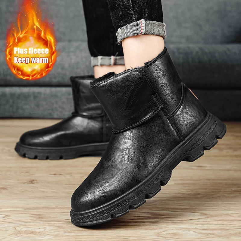 Мужские ботинки из искусственной кожи плюшевая теплая зимняя обувь для мужчин
