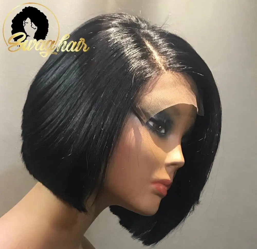 Swag Hair Straight Bob Human Wig 4x4 Lace Closure Pre-Plucked 180% Density Malaysian Natural Color For Woman | Шиньоны и парики