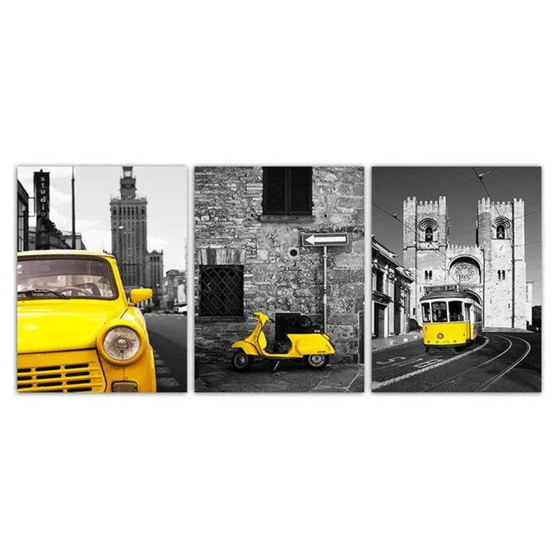 Желтый автомобиль и улица пейзаж картины напечатанные на холсте Живопись