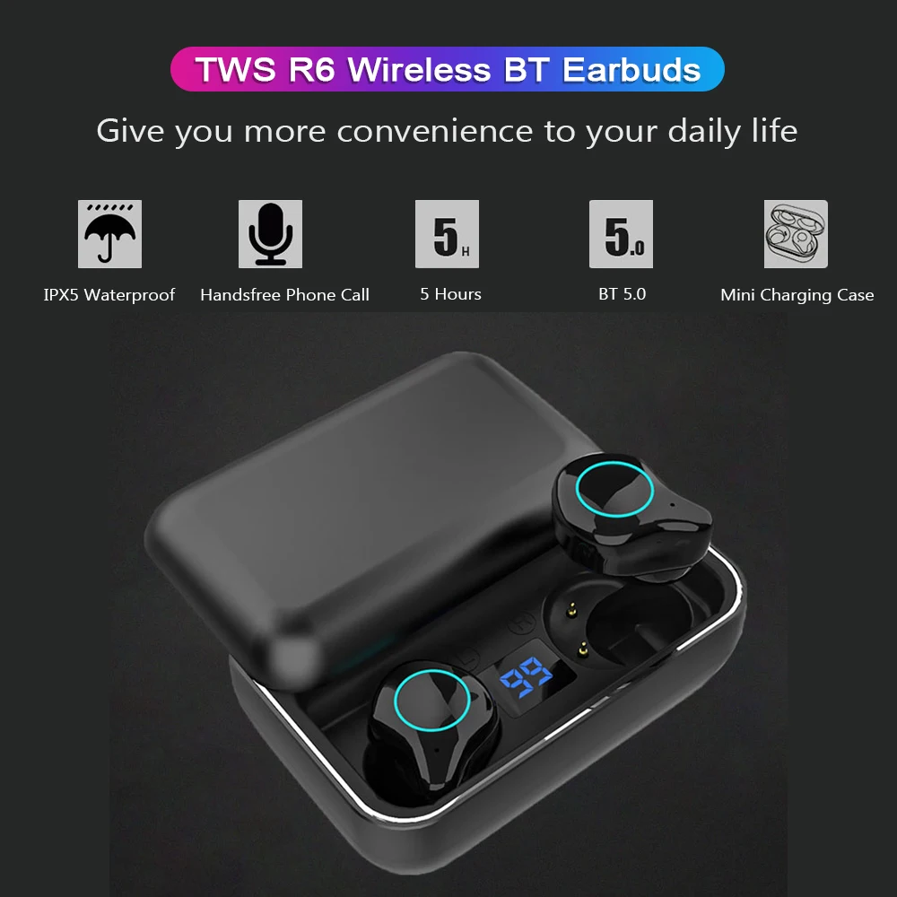 TWSearphone R6 Wireless Handfree Headphone Bluetooth 5.0 Earphone HD 8D Sport Stereo Earbuds With Micphone LED Display VS QCY |