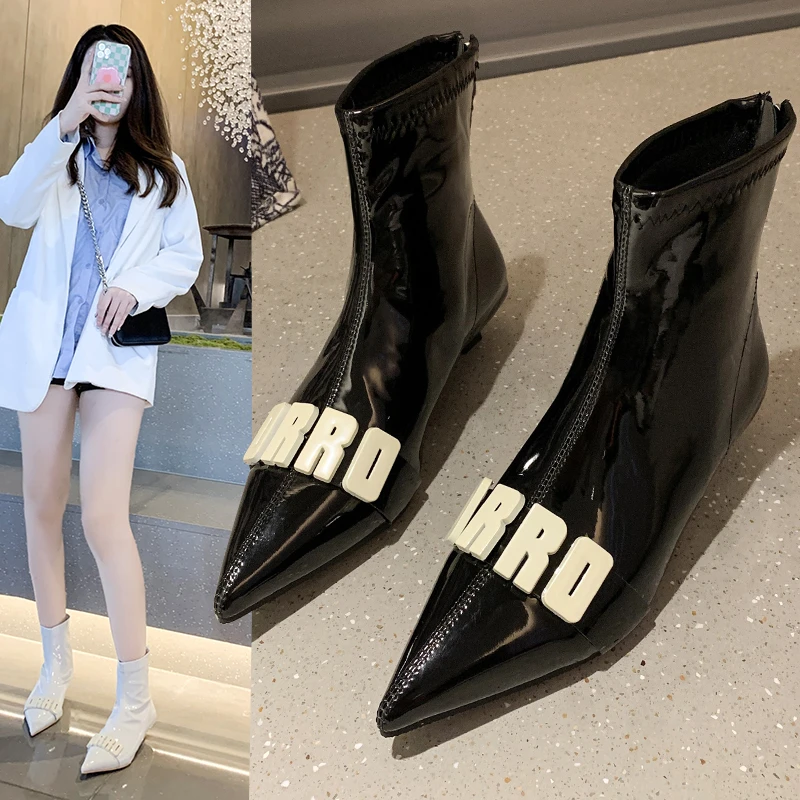 

New Women Boots Autumn Patent Thin Heels Pointed Toe Solid Letters Decorations Fashion Ankle Boots 2021 Ladies Shoes