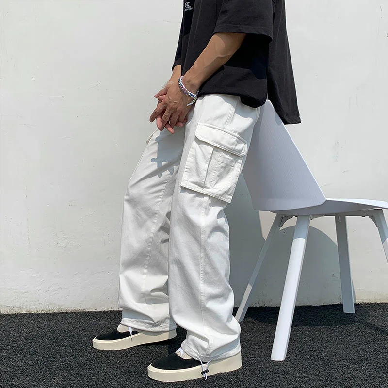 

Black/white Casual Pants Men's Fashion Loose Straight Wide Leg Pants Men Streetwear Hip-hop Pocket Cargo Pants Mens Trousers