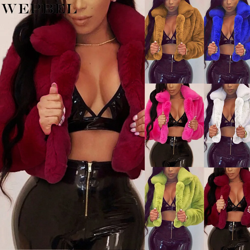 

WEPBEL Winter Warm Fluffy Faux Fur Coats Jackets Women Furry Fake Fur Cropped Jacket Turn Down Collar Open Front Overcoat