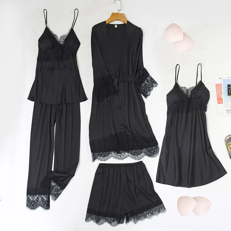 

Kwyaster Sleepwear Faux Silk Pajamas Set Women 5PCS Robe Suit Satin Lounge Wear With Lace Sexy Nightwear Pyjama New Home Clothes