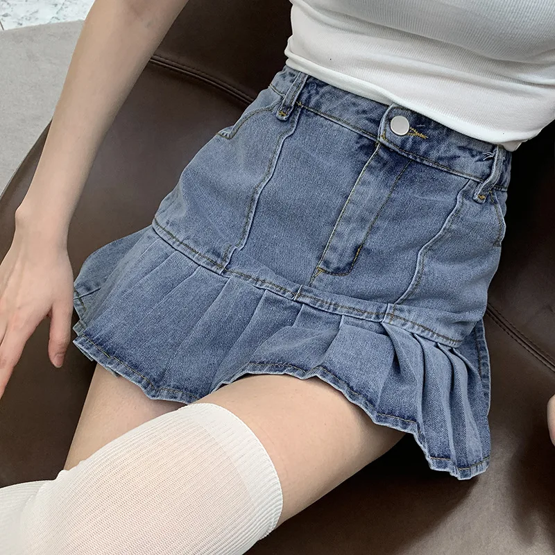 

High Waist Bottom Denim Pleated Skirt For Women Fashionable Sexy New Micro Mini Short Jurken Female Solid Streetwear Summer 2021