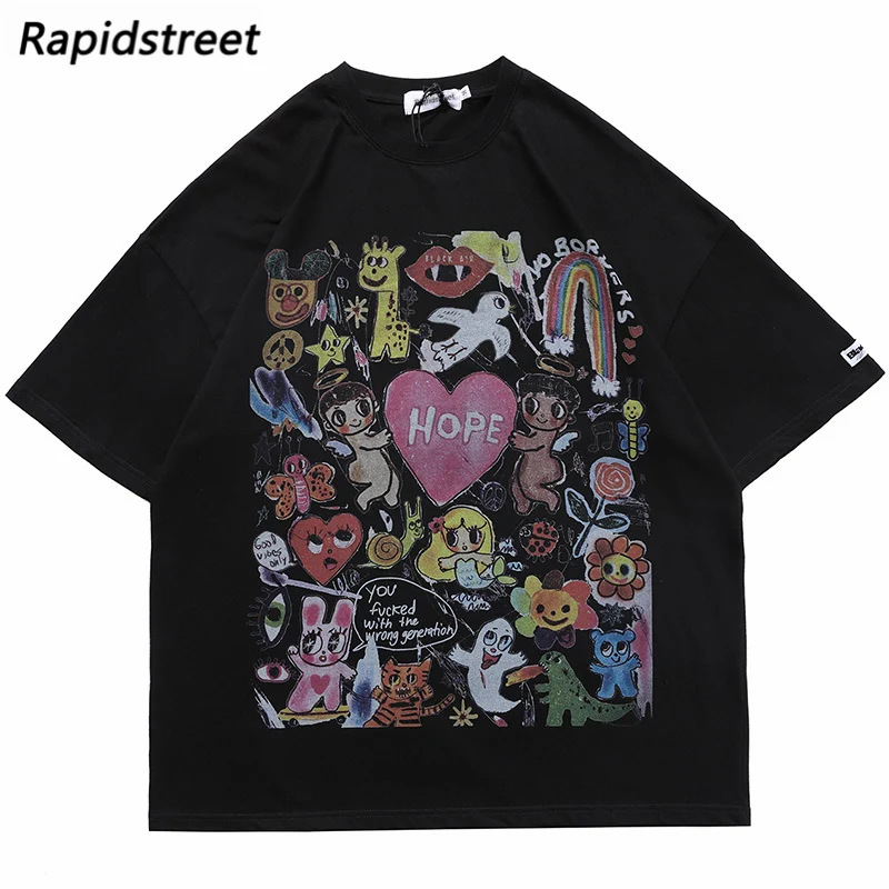 

Hip Hop Streetwear Oversize Tshirt Painting Rainbow Heart Flower Print T-Shirt Harajuku Cotton Loose Short Sleeve T Shirt Tops