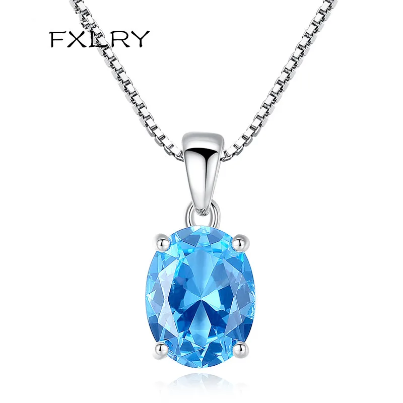 

FXLRY Classic Stylish CZ Crystal Blue Topaz Oval Pendant Necklace For Women Wedding Engagement Jewelry