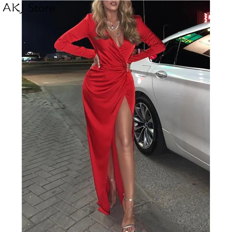 Сексуальное однотонное платье с длинным рукавом и высоким разрезом