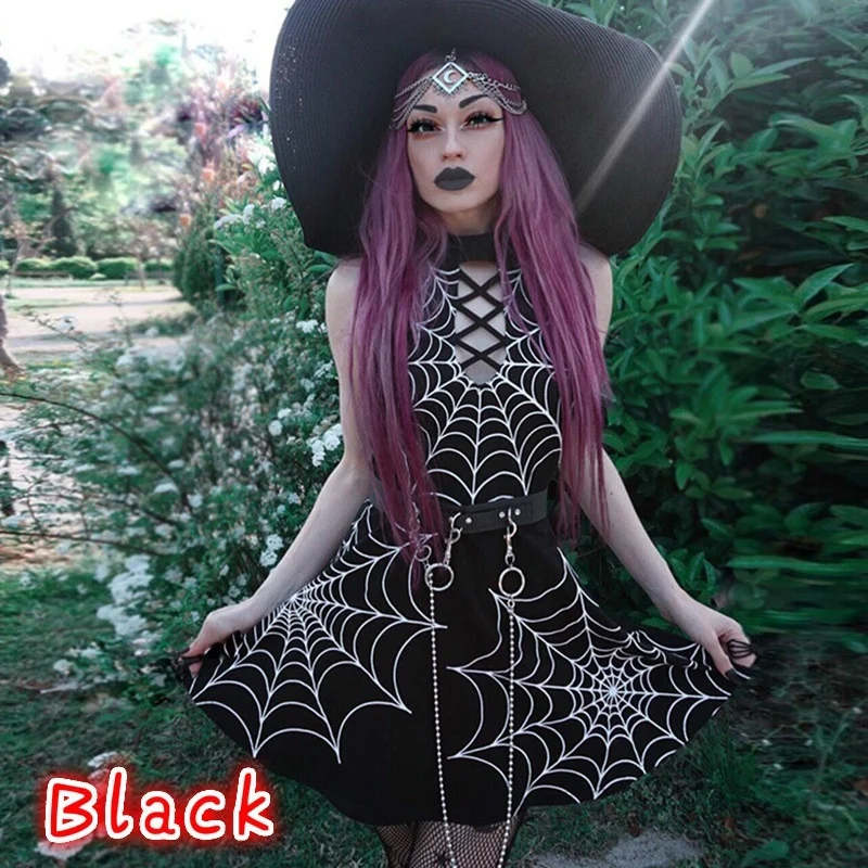 FEECOLOR женское модное короткое платье в готическом стиле с принтом паутины без