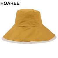 hoaree 2021 yellow double sided reversible women bucket hat cotton wide bim sun protection caps for ladies solid fisherman hat