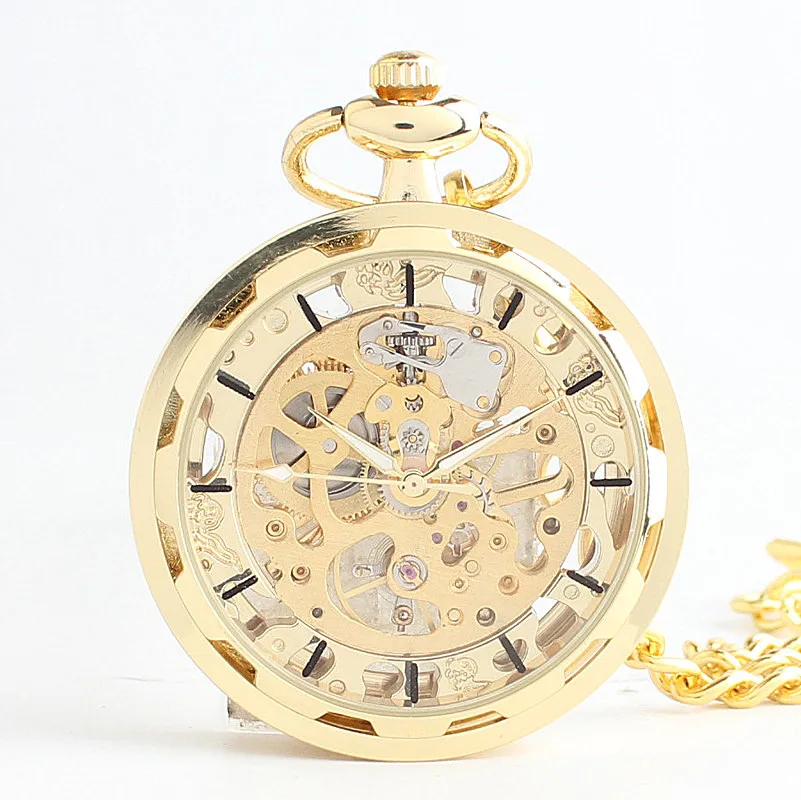 Golden Luxury Skull Breeze Special Modeling Mechanical Pocket Watch Retro Gear Steampunk Fob Men's Clock with Chain