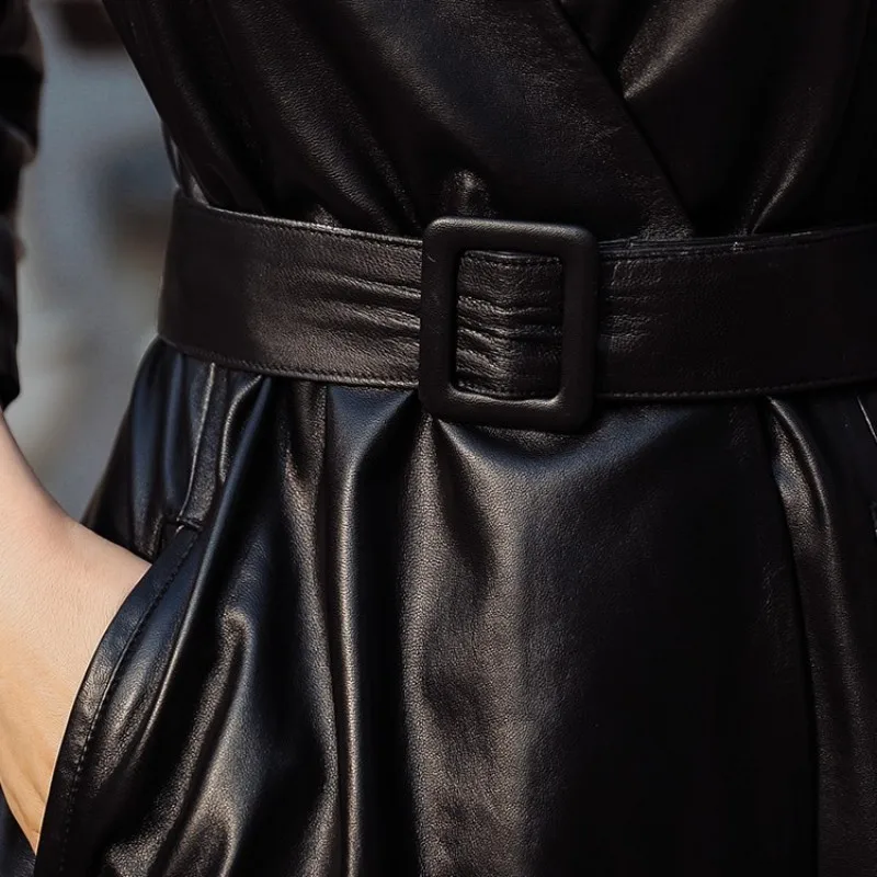 

Trench Streetwear Genuine Leather Coat Women Luxury Belt Slim Chic Long Jacket Autumn New V-Neck Elegant Office Lady Outerwear