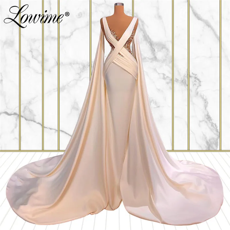 

Lowime Dubai Arabic Long Evening Dresses 2021 Newest Elegant V Neck Crystals Beaded Prom Dress Middle East Women Party Gowns