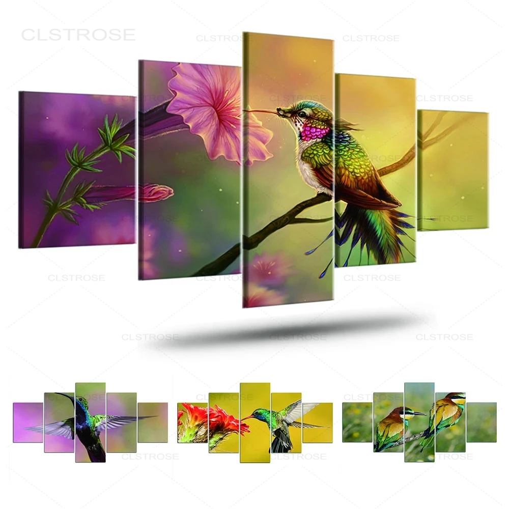 

Современное украшение для дома, холщовые картины, настенное искусство в гостиной, 5 шт., птица Красивая цветочная картина Hd, принты, Постер бе...