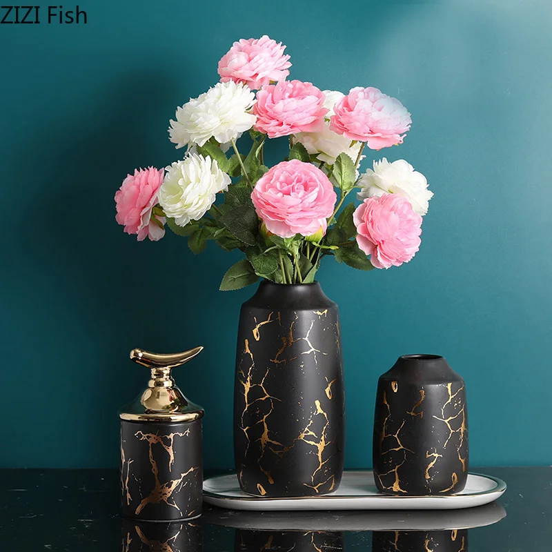Скандинавская керамическая ваза черная Золотая мраморная текстура вазы для