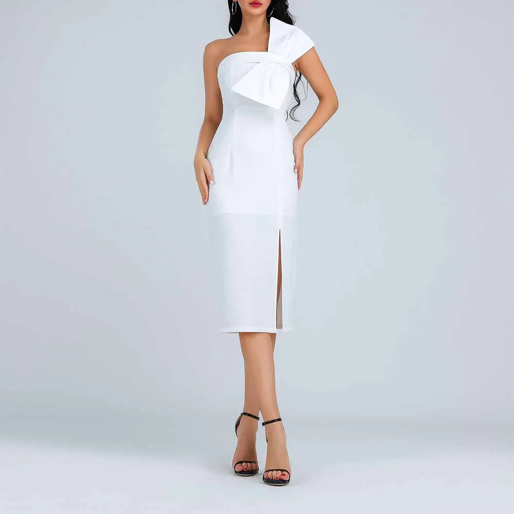 Ocstrade Белый без бретелек рукавов Над коленом бантом Bodycon платье HB6170-White