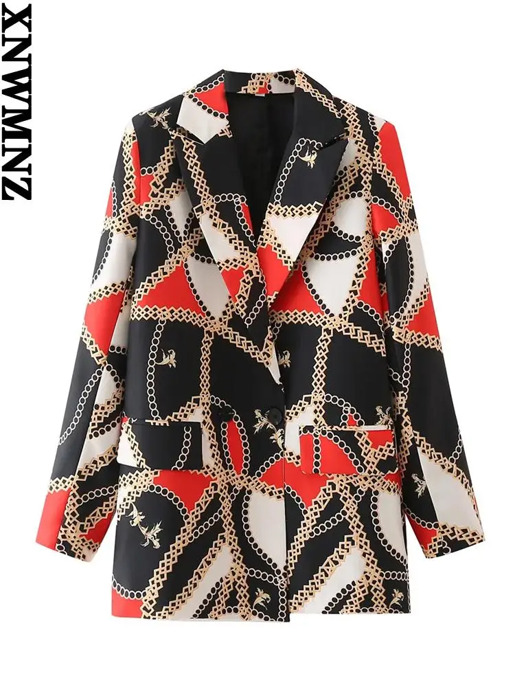 

XNWMNZ 2021za chains print long blazer women Fashion lapel collar long sleeves defined shoulders blazer female loose blazers