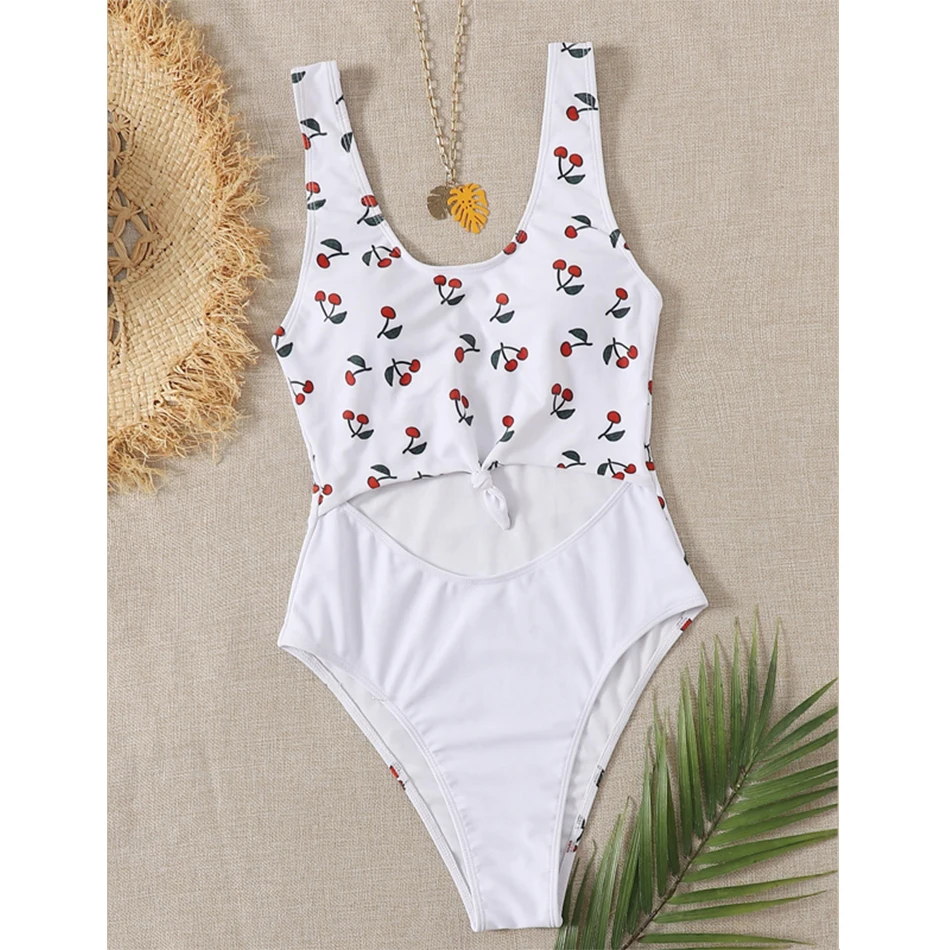 Женский слитный купальник с принтом вишни белый вырезами высококачественный