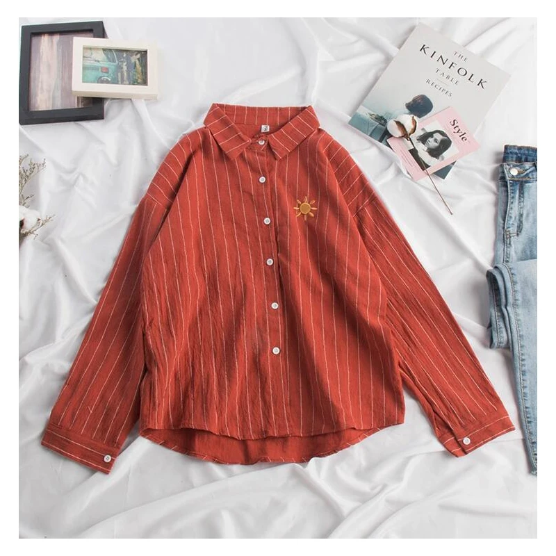 2019 Женская полосатая блузка в стиле каваи с вышивкой Луны корейские женские топы