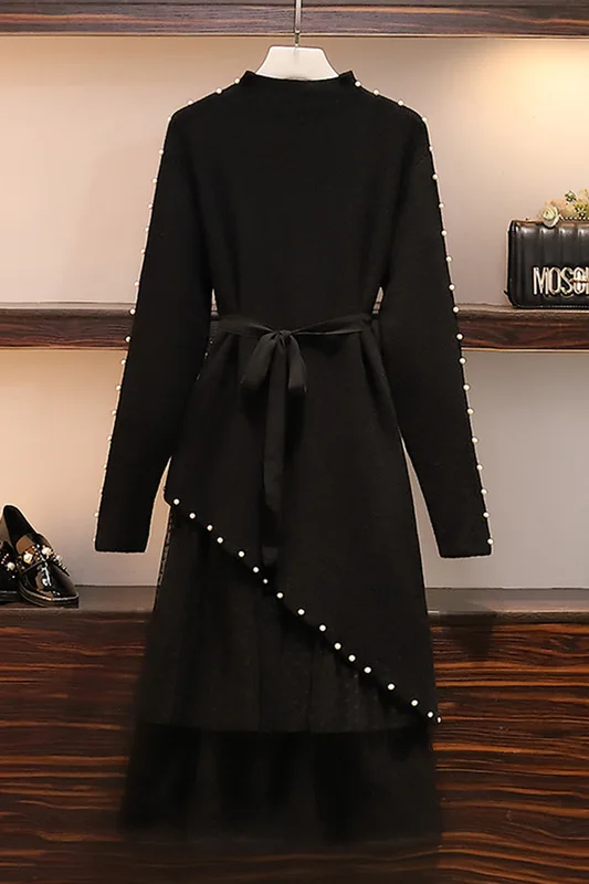 XL-5XL, свитер, Сетчатое платье, большой размер, для женщин, корейский, большой размер, зимнее платье, комплект из двух частей, Черное длинное платье размера плюс, одежда