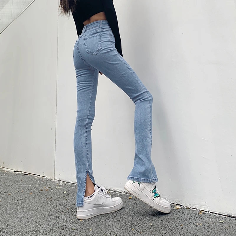 2023 Spring and Autumn Chic High Waist Blue Denim Pants Small Split Slim Thin Flared Jeans Casual Pencil Tight Skinny Trousers