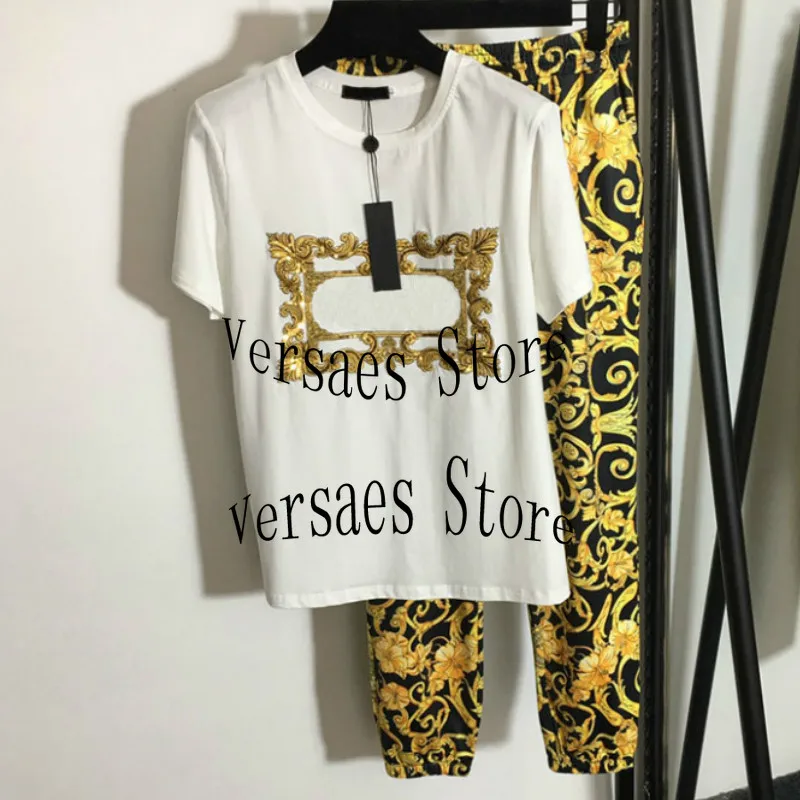 

2021 luxury brand contrast printing women's sportswear slim fit loose round neck short sleeve T-shirt + high waist casual pants