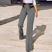 casual women trousers fashion leggins houndstooth print buttoned high waist wide leg tailored pants