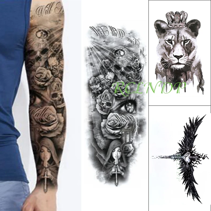 

3 pcs Waterproof Temporary Tattoo Stickers set Skull Eye Cross Wings Crown Lion Full Arm Flash Tatto Fake Tatoo for Men Women