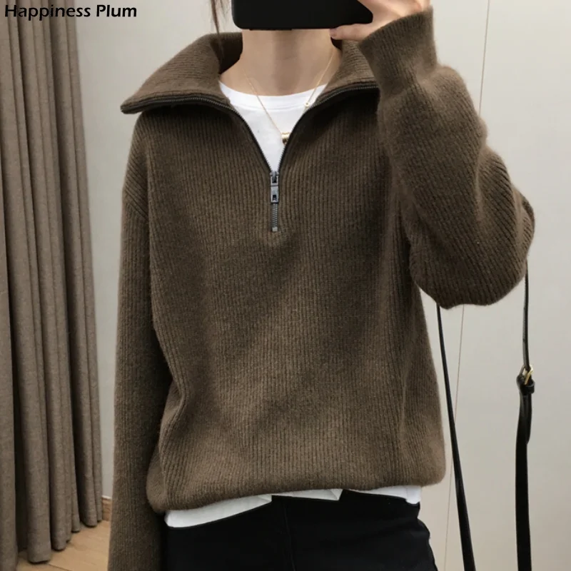 

Осень-зима 2021, Женский вязаный свитер на молнии, Свободный пуловер, корейские женские свитера, вязаный теплый Свитер оверсайз на осень