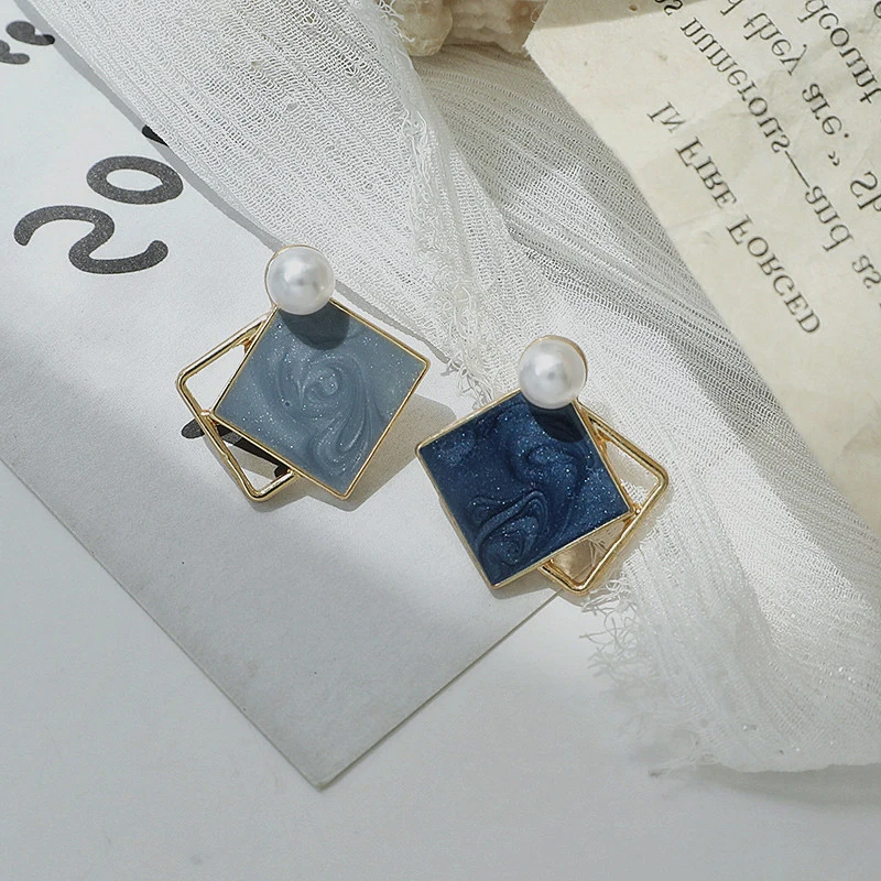 

Korean Style Asymmetrical Blue Enemal Clip Earrings Temperament Simulated Pearl Blue Square Geometric Clip Earrings No Piercing
