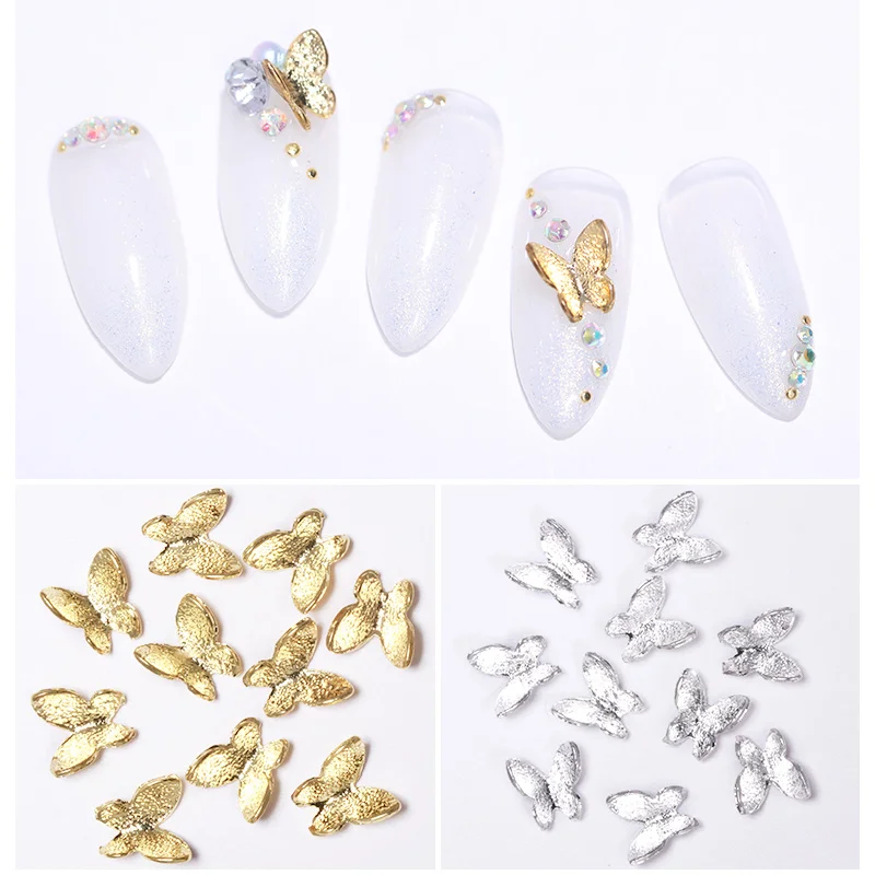 10 шт./пакет с бабочками для дизайна ногтей 3D украшения серебряное золото