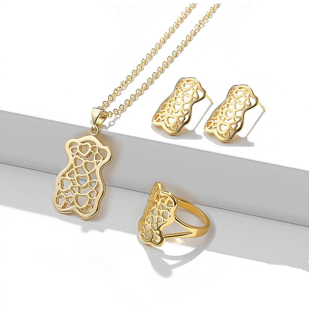 

Cute Bear Jewelry Sets For Women Fashion Hollow Heart Design Pendant Unisex Necklace Earrings Ring Sets Wedding Gift Accessories