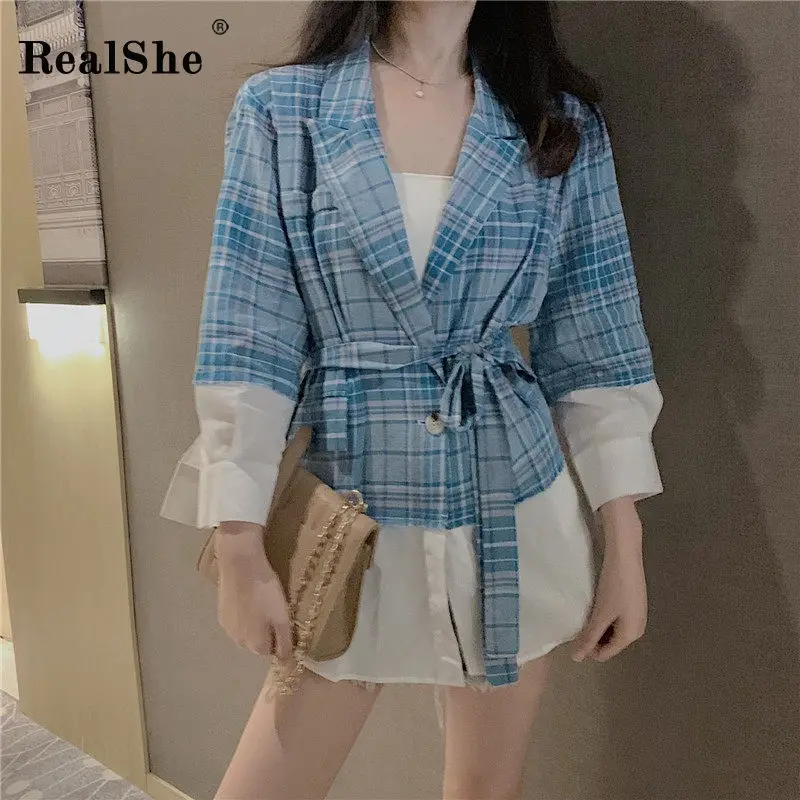 RealShe 2019 Женское пальто с отложным воротником рукав три четверти клетчатая куртка