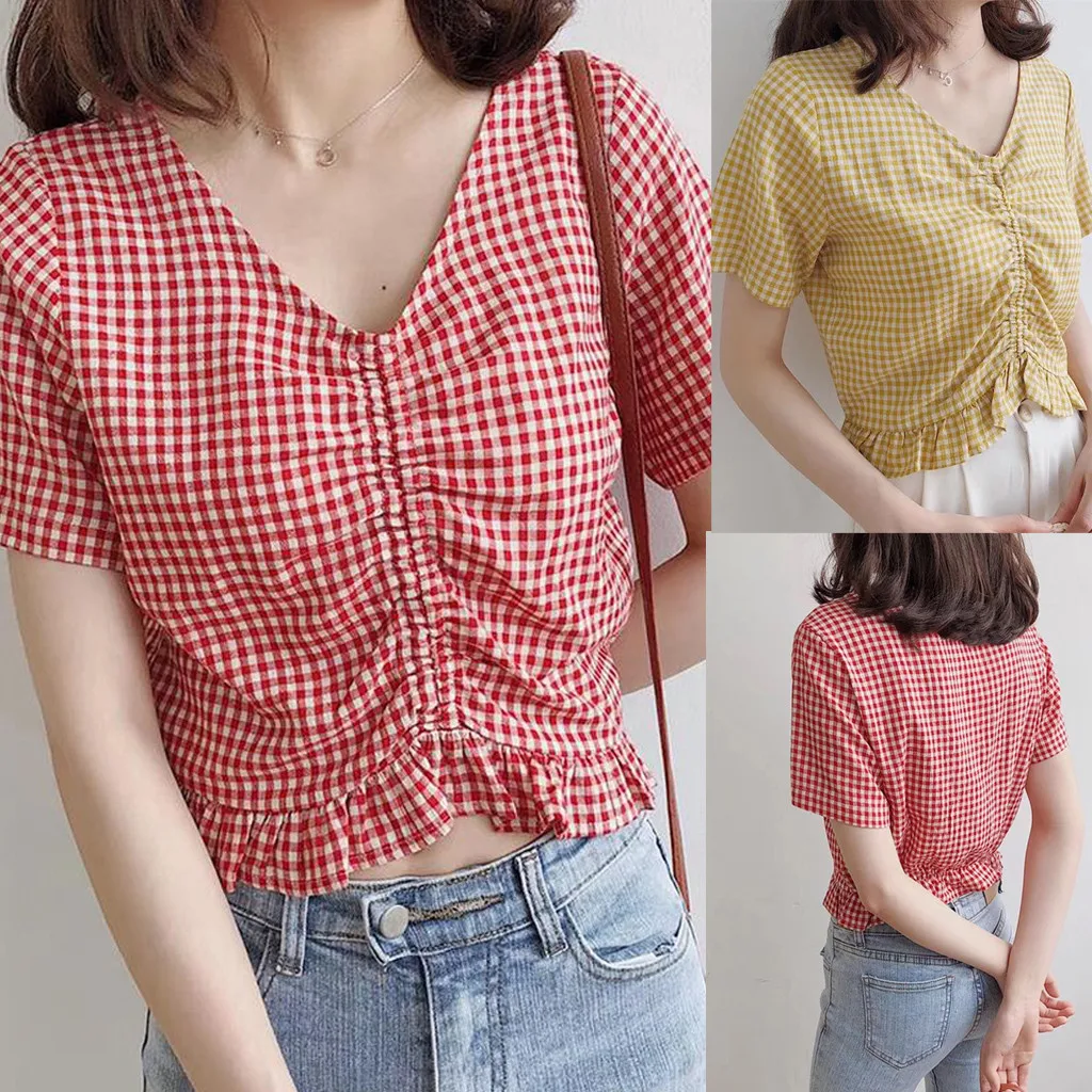 Модный сексуальный клетчатый топ на бретелях с оборками и v образным вырезом