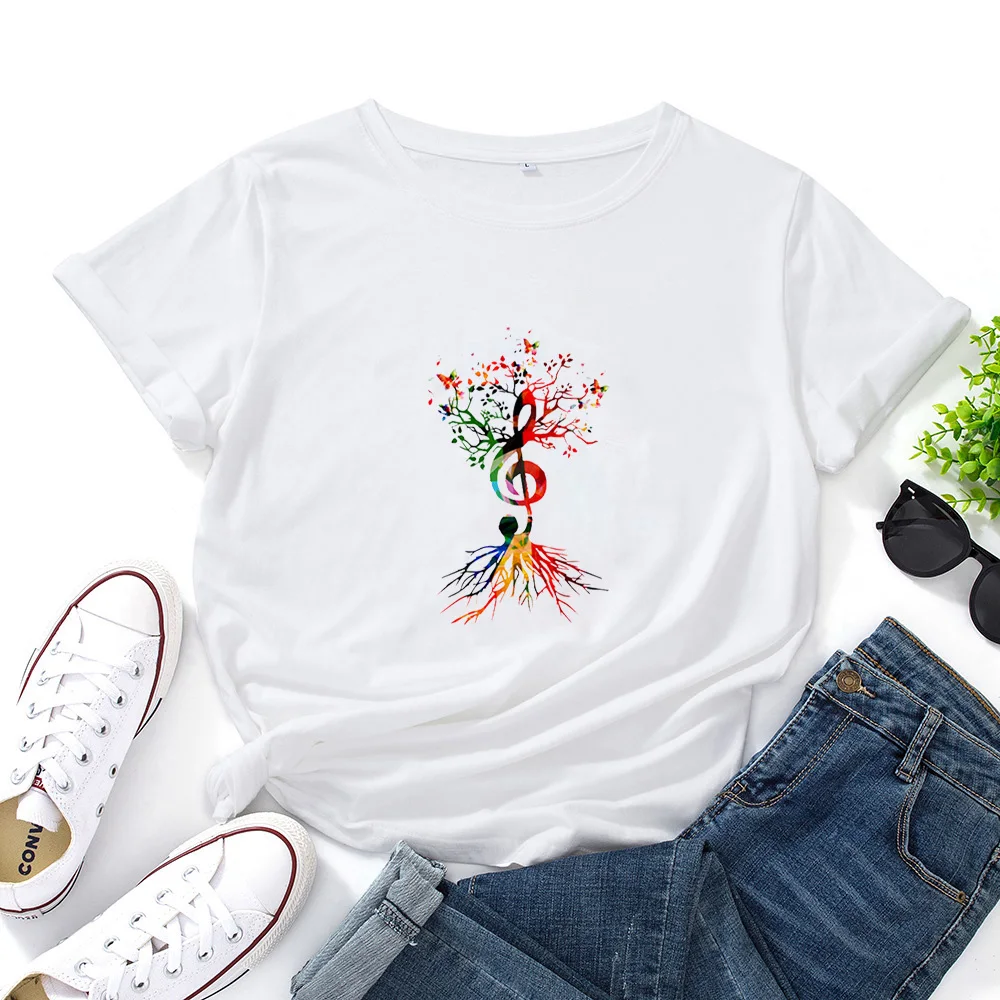 

Color Tree Music T-shirt Women O-neck Casual Women Tshirt Cotton Short Sleeve T Shirt Women Art Print Graphic Tees Women