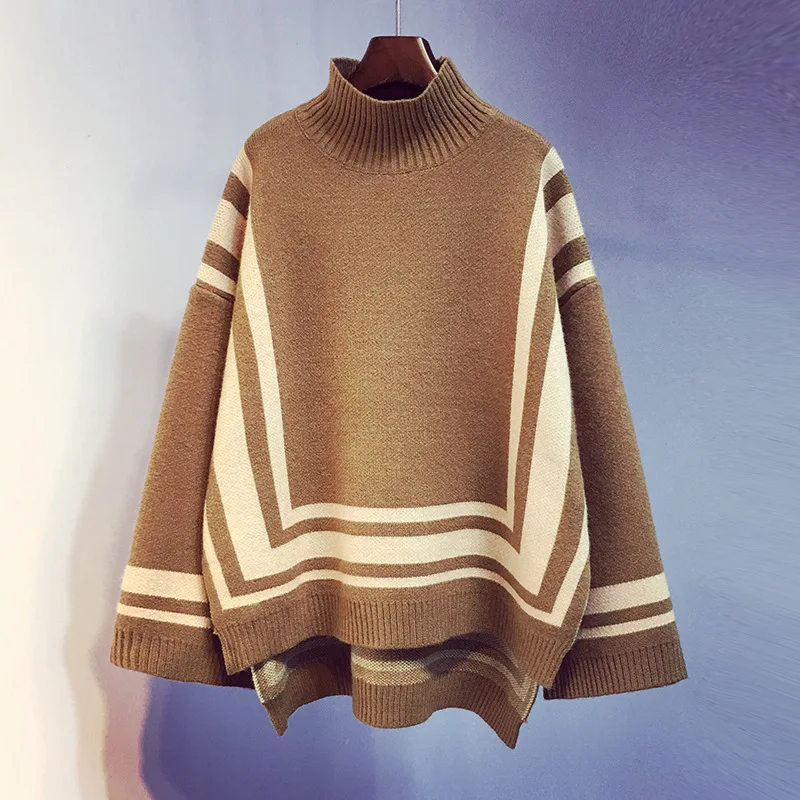 khaki pullover Woherb зимние полосатые пуловеры негабаритные вязанные свитера для женщин Водолазка с длинным рукавом свитер женский свободный трикотаж Mujer - Цвет: khaki pullover