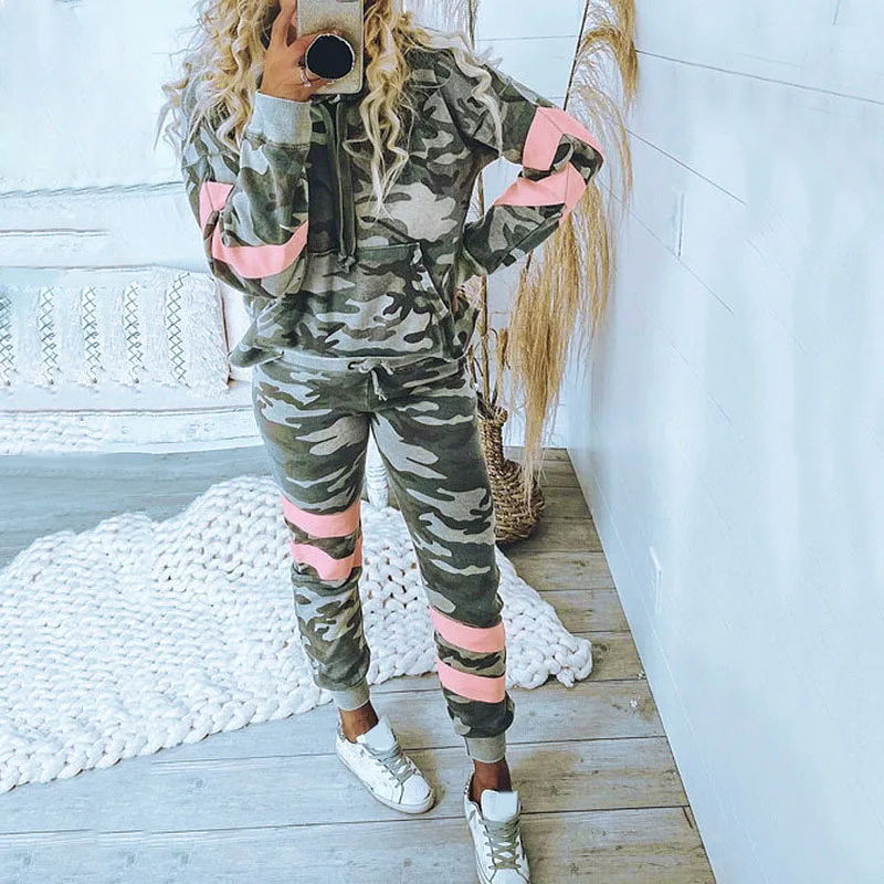 

Women'S Fashion Camouflage Printed Long Sleeve Hooded Casual Home Sports Suit Camouflage