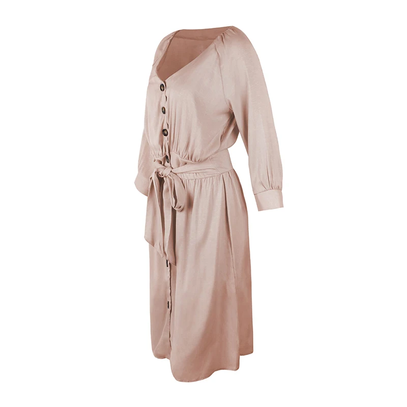 

Women Elegant Dress Tight Fitting Waist 3/4 Sleeve V-neck Button Belted Dress Spring Summer women's Clothing Dresses